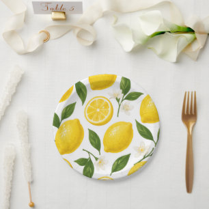 Fresh Lemon Pattern with Leaves & Blossoms Paper Plate