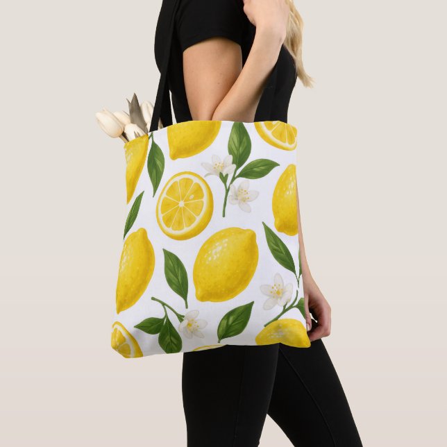 Fresh Lemon Pattern with Leaves & Blossoms  Tote Bag (Close Up)