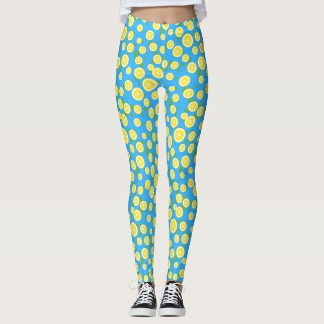 Fresh Lemon Slice Blue Summer Leggings (Front)
