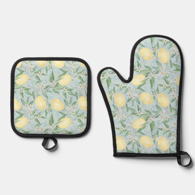Fresh lemon yellow citrus oven mitt & pot holder set (Front)