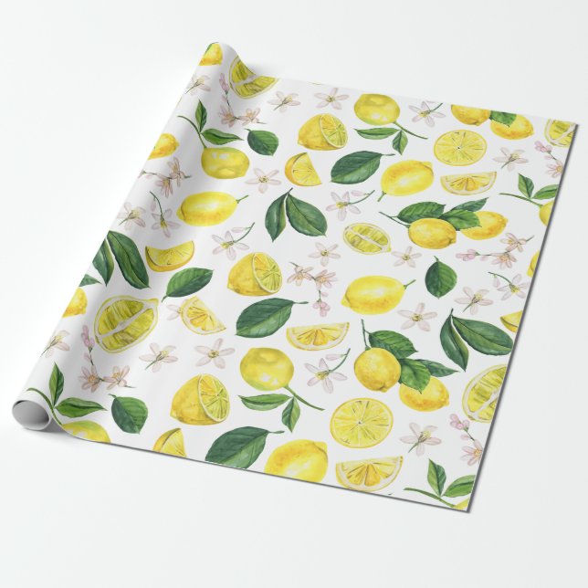 Fresh Lemons Floral Citrus Fruits Summer Pattern Wrapping Paper (Unrolled)