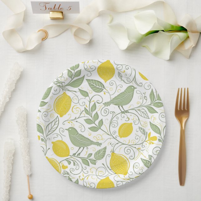 Fresh Lemons, Leaves and Birds ID1052 Paper Plate (Wedding)