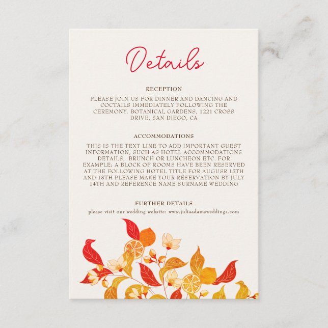 Fresh Lemony Love Citrus Foliage Wedding Enclosure Card (Front)
