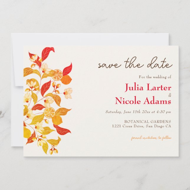Fresh Lemony Love Citrus Foliage Wedding Save The Date (Front)