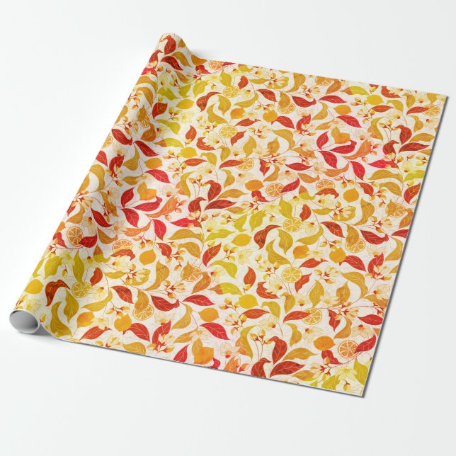 Fresh Lemony Love Citrus Foliage Wedding Wrapping Paper (Unrolled)
