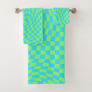 Fresh Light Blue & Green Warped Checkered Pattern  Bath Towel Set