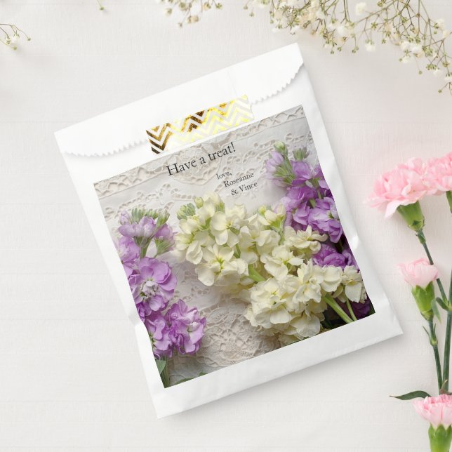 Fresh lilacs on old lace favour bags (Sealed)