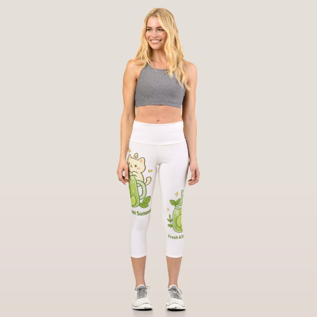 Fresh Lime Juice & Cute Cat Kawaii Design Capri Leggings (Front)
