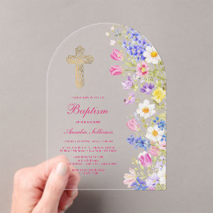 Fresh Meadow Flowers Arch Baptism Acrylic Invitations