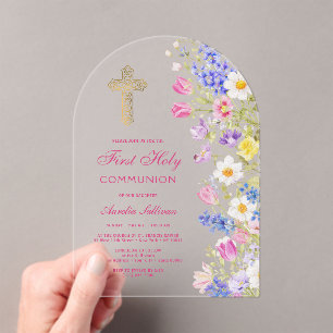 Fresh Meadow Flowers Arch First Communion Acrylic Invitations