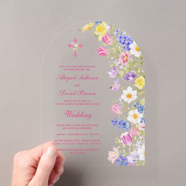Fresh Meadow Flowers Arch Religious Wedding Acrylic Invitations (Insitu (Handheld))