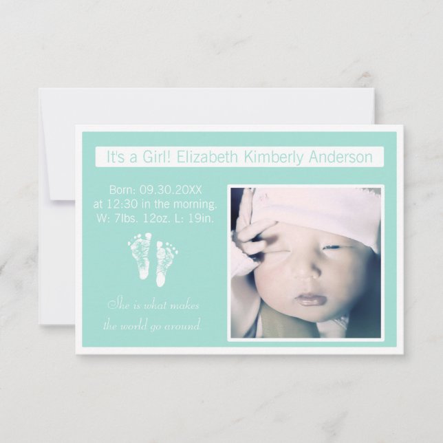 Fresh Mint Footprints Photo Birth Announcement (Front)