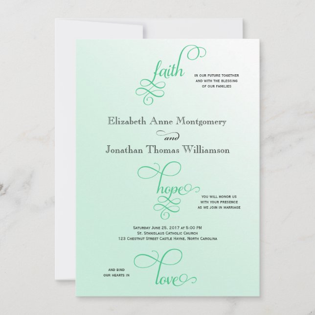 Fresh Mint Script Faith Hope & Love Wedding Invitation (Front)