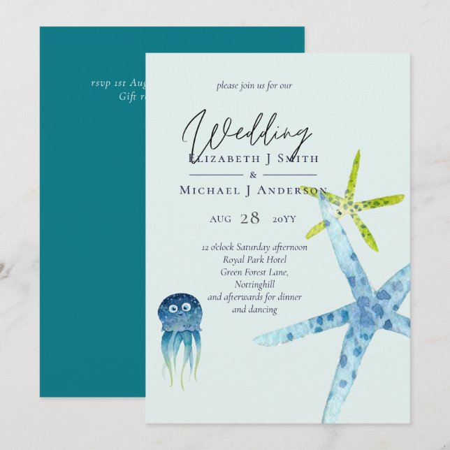 Fresh Modern Beach Ocean Life Wedding Invitations (Front/Back)