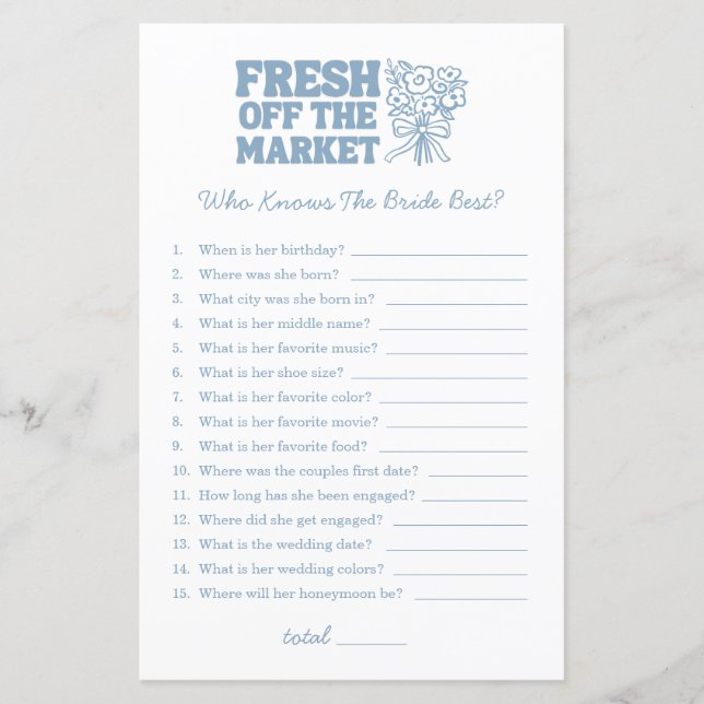 Fresh Off The Market Blue Bridal Shower Games  (Front)