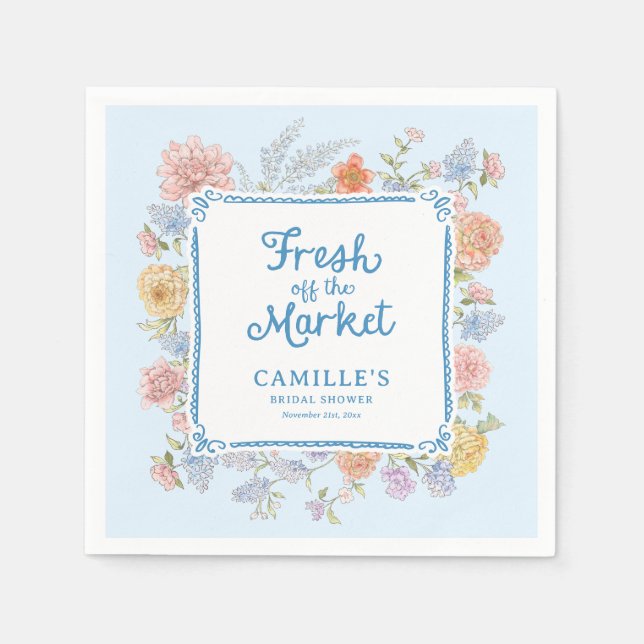 Fresh off the Market Blue Bridal Shower Napkin (Front)