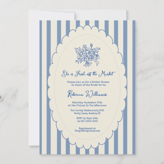 Fresh off the Market Blue Hand Drawn Bridal Shower Invitation (Front)