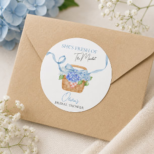 Fresh Off The Market Blue Hydrangea Bridal Shower Classic Round Sticker