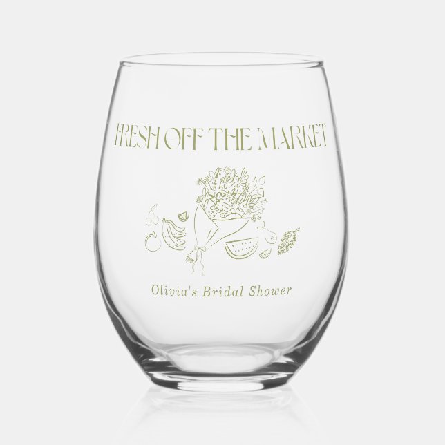 Fresh off the Market Bridal Shower, Bridal Brunch Stemless Wine Glass (Front)