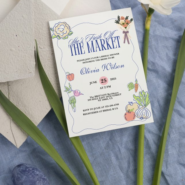 Fresh Off the Market Bridal Shower Whimsical Drawn Invitation (fresh off the market bridal shower invitations whimsical  quirky fruits and vegetables  )