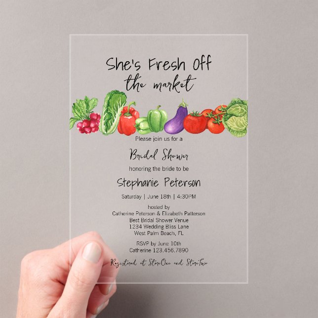 Fresh Off the Market Cute Veggies Bridal Shower Acrylic Invitations (Insitu (Handheld))