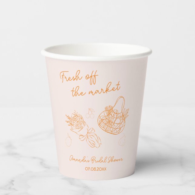 Fresh Off The Market Doodle Orange Bridal Shower Paper Cups (Front)