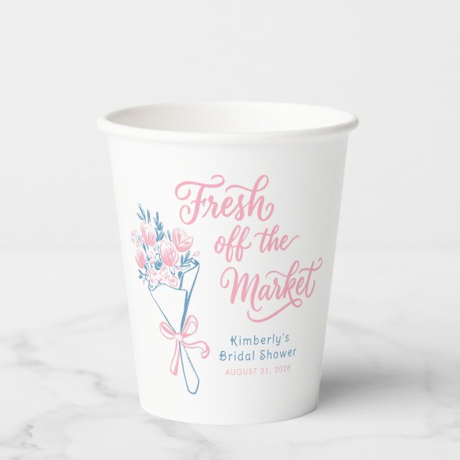 Fresh Off The Market Dusty Blue Pink Bridal Shower Paper Cups (Front)