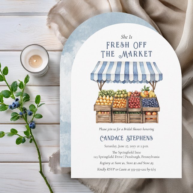 Fresh Off The Market Farm Stand Bridal Shower Invitation ("She Is Fresh Off The Market" Farm Stand with Blue White Striped Awning Bridal Shower Invitation)