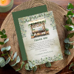 Fresh Off The Market Farm Stand Bridal Shower Thank You Card<br><div class="desc">Beautiful forest and sage green eucalyptus and boutique Farmer's Market Bridal Shower "Thank You" design--part of the "Fresh Off the Market" collection. Rustic aged-look front background combined with the greenery laden wood stand and the surrounding overhanging eucalyptus is reminiscent of an open air Italian or country marketplace. Back features a...</div>