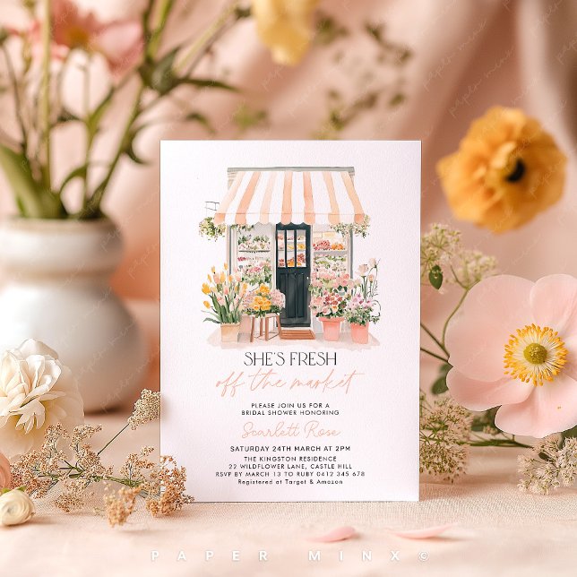 Fresh off the Market Farmer's Market Bridal Shower Invitation (She's off the Market! Flower Shop Farmer's Market Bridal Shower Invitation Peach and Pink Flowers)