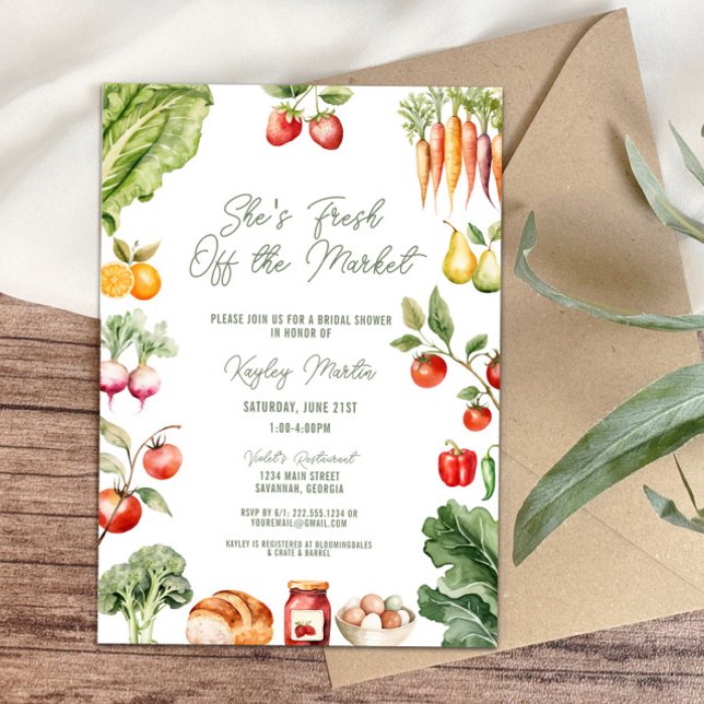 Fresh off the Market Farmer's Market Bridal Shower Invitation (She’s fresh off the market! rustic farmer’s market bridal shower invitation, vegetables, fruits)