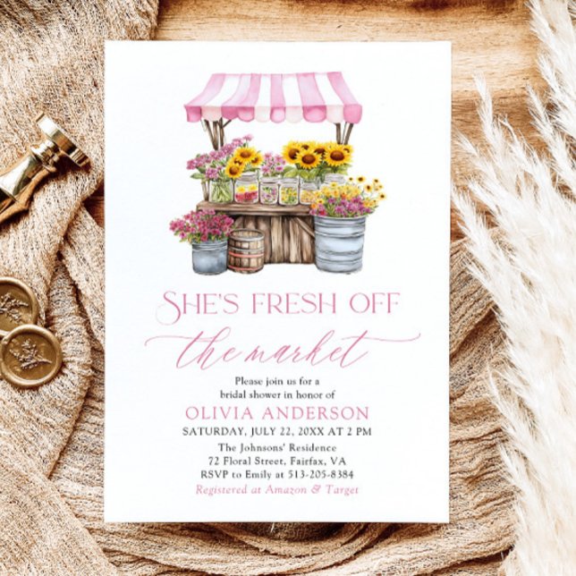Fresh Off The Market Farmers Market Bridal Shower Invitation (Modern Watercolor Pink Gingham Fresh Off The Market Farmers Market Bridal Shower Invitation)