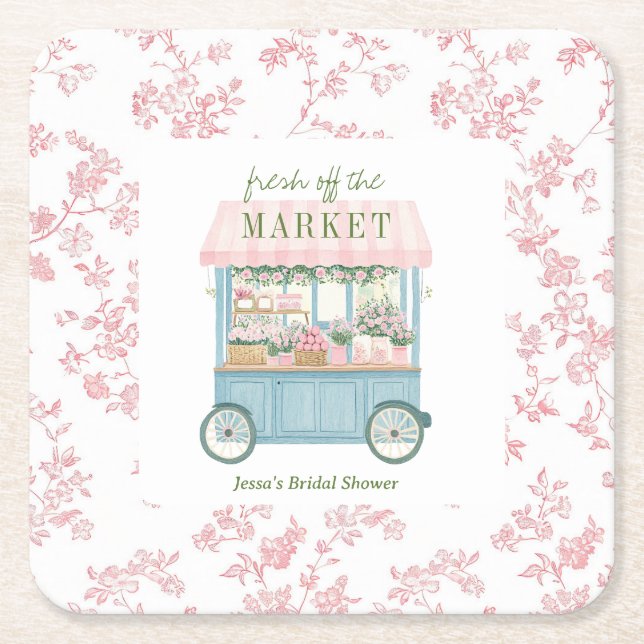 Fresh Off The Market Floral Farmer's Bridal Shower Square Paper Coaster (Front)