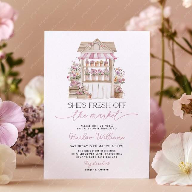 Fresh off the Market Flower Purple Bridal Shower  Invitation (She's fresh off the market! Flower cart Bridal Shower Invitation )