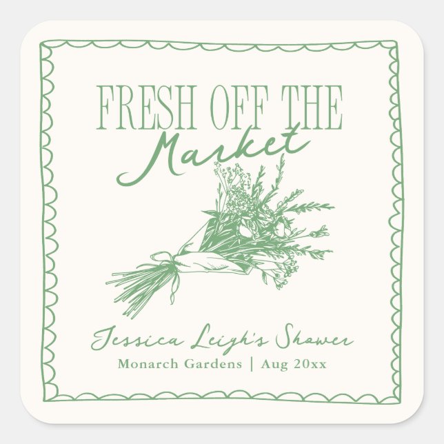 Fresh Off the Market Green Bridal Shower Square Sticker (Front)