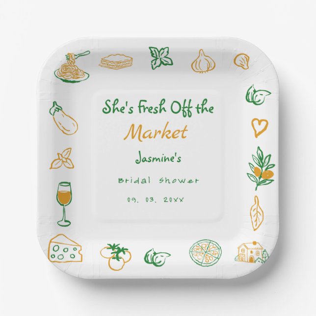 Fresh Off The Market Hand Drawn  Bridal Shower Paper Plate (Front)