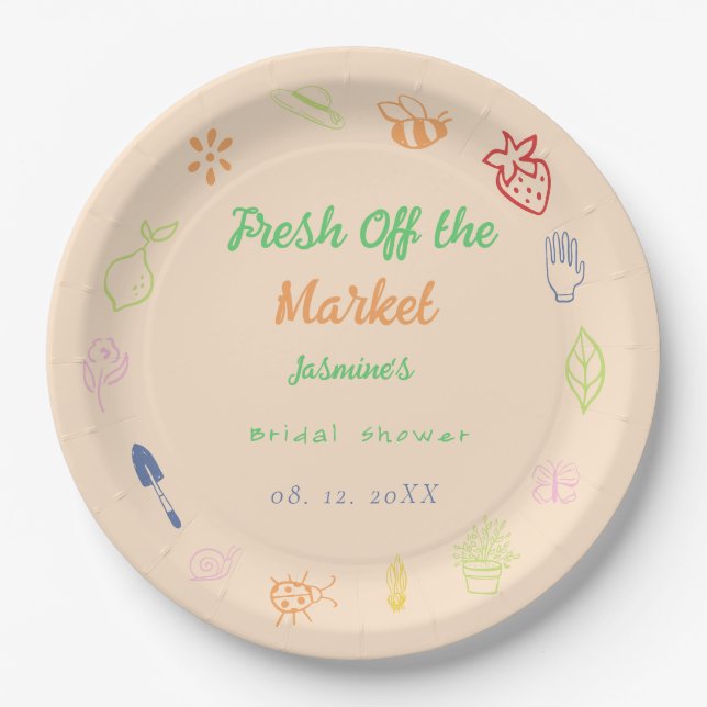 Fresh Off The Market Hand Drawn Bridal Shower Paper Plate (Front)