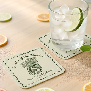 Fresh Off The Market Hand Drawn Bridal Shower Square Paper Coaster