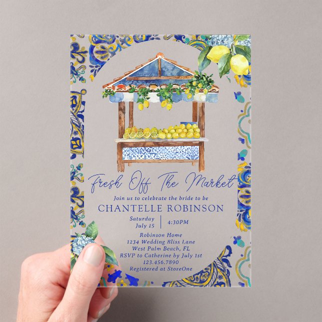 Fresh Off The Market Italian Lemon Bridal Shower Acrylic Invitations (Insitu (Handheld))