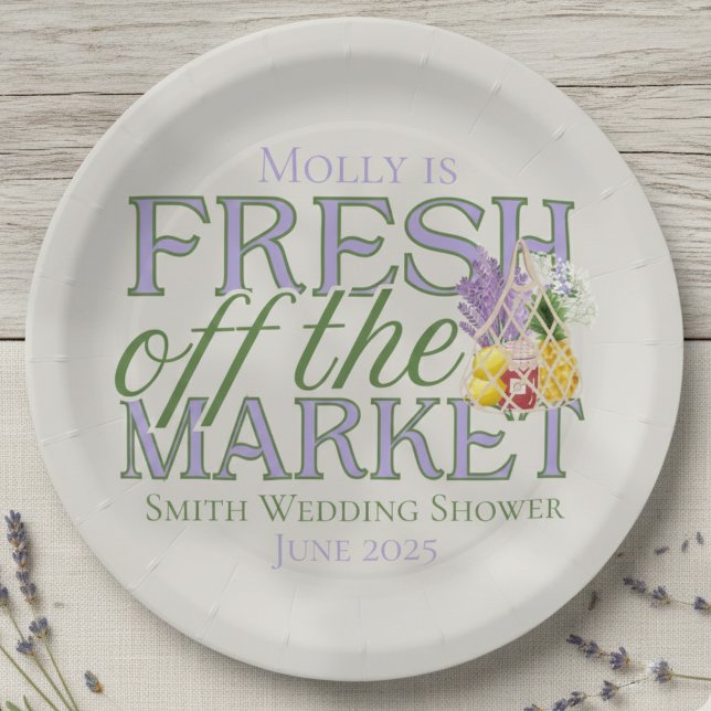 Fresh Off the Market – Personalised Modern Bridal Paper Plate (Celebrate your newly-engaged status in style with this elegant “Fresh Off the Market” design!)