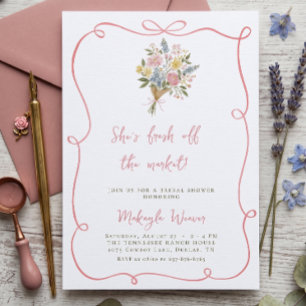 Fresh Off The Market Pink Bow Floral Bridal Shower Invitation