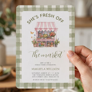 Fresh Off The Market Sage Gingham Bridal Shower Invitation