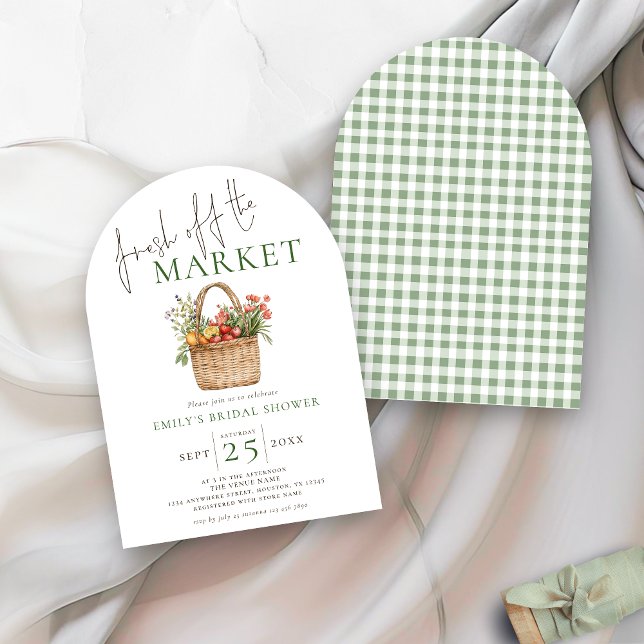 Fresh off the Market Sage Gingham Bridal Shower Invitation (Front and back view)