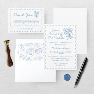 Fresh Off the Market Whimsical Blue Bridal Shower Thank You Card