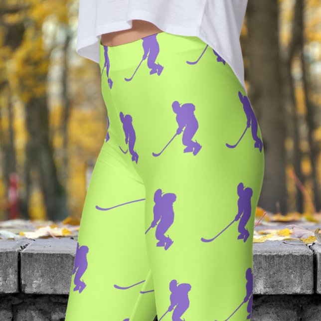 Fresh Olive Green Womens Ice Hockey Pattern Leggings (Womens Ice Hockey on Dark Olive Green Leggings)