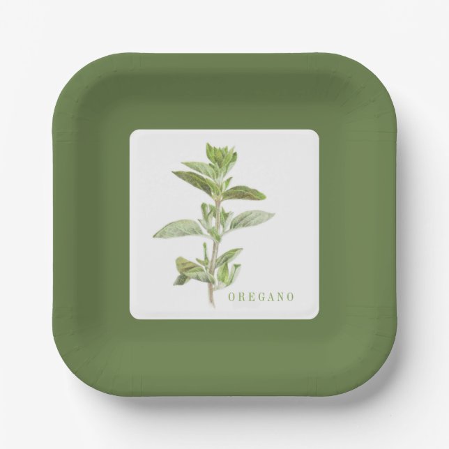 FRESH OREGANO 7" Square Paper Plates - Green (Front)