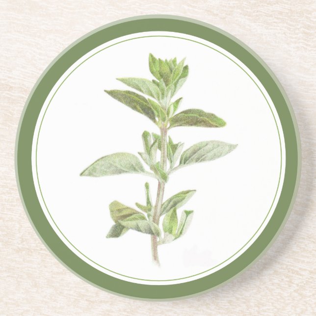 FRESH OREGANO Round Sandstone Coaster -text Green (Front)