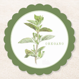 FRESH OREGANO Scalloped Round Coaster +text Green
