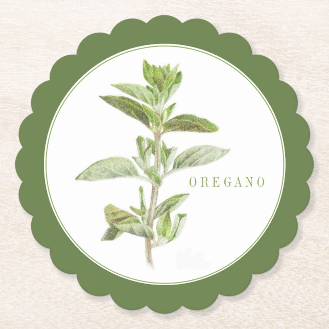 FRESH OREGANO Scalloped Round Coaster +text Green (Front)