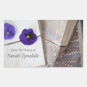 Fresh pansies on old books bookplate rectangular sticker